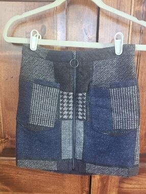 BCBGMaxAzria Patchwork Tweed Mini Skirt in Navy and Gray